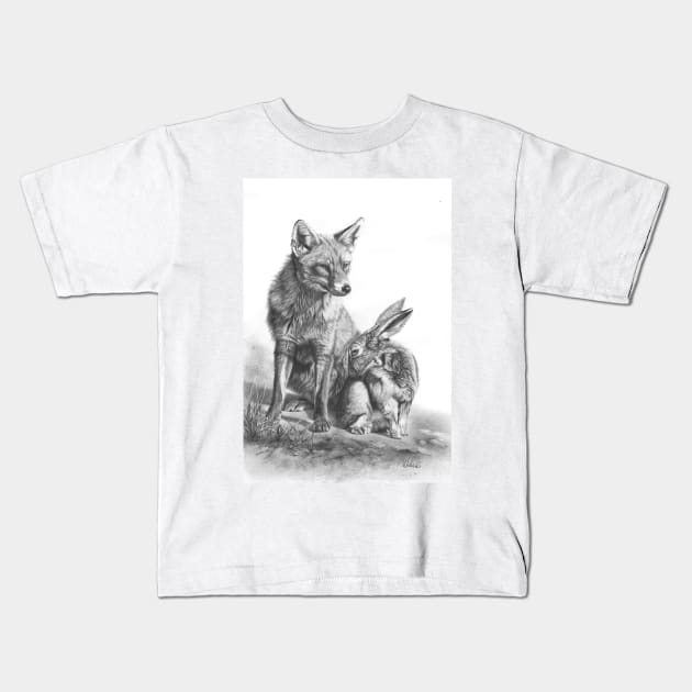 An Unlikely Alliance fox and hare pencil drawing Kids T-Shirt by Mightyfineart